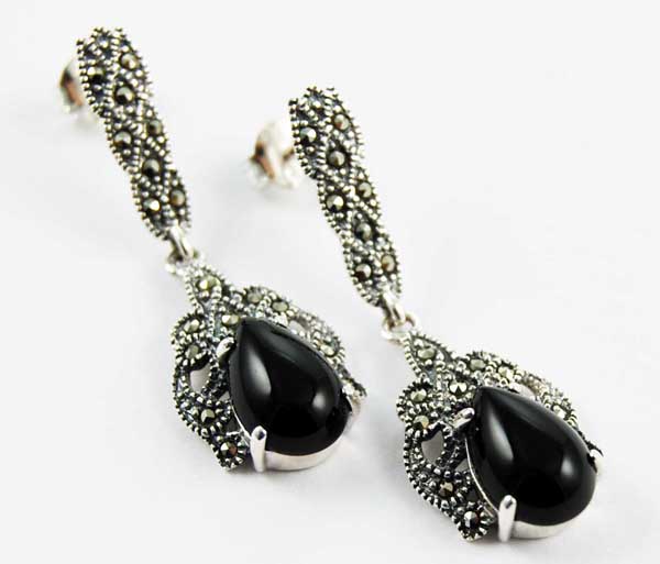 Earring Silver Marcasite Teardrop Claw Set Stone Onyx