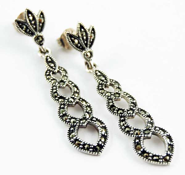 Earring Silver Marcasite Cut Hanging Heart Style Drop