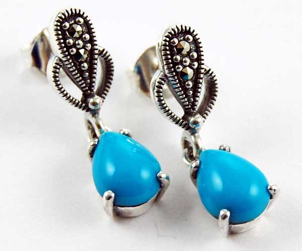 Earring Silver Marcasite Plain Teardrop Small Drop Turquoise