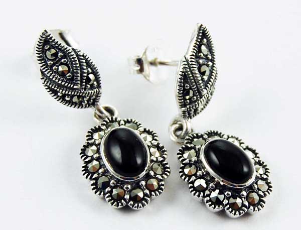 Earring Silver Marcasite Floral Edge With Oval Stone Small Drop