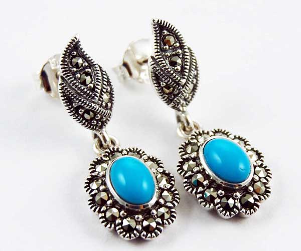 Earring Silver Marcasite Floral Edge With Oval Stone Small Drop