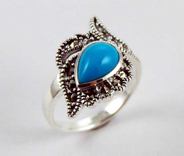 Ring Silver Marcasite Cut Flower With Teardrop Stone Turquoise