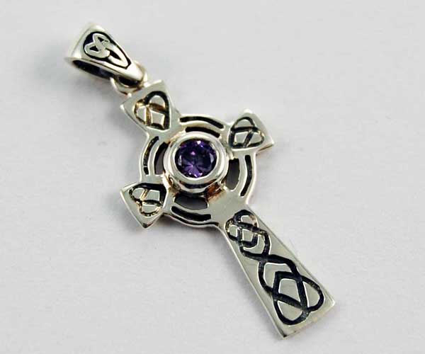Pendant Silver Cross Celtic Design With 4mm Amethyst Stone