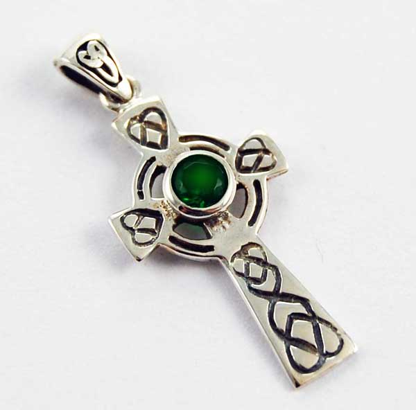 Pendant Silver Cross Celtic Design With 4mm Emerald Glass  Stone