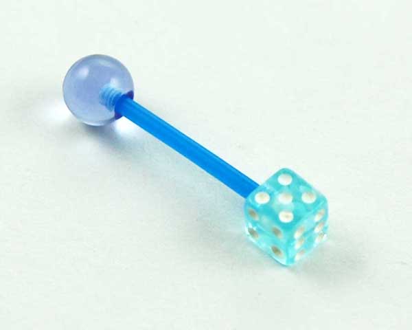 Body Piercing Tongue Bar UV Dice Light Blue 1.6x16x5mm
