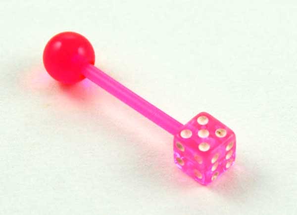 Body Piercing Tongue Bar UV Dice Pink 1.6x16x5mm