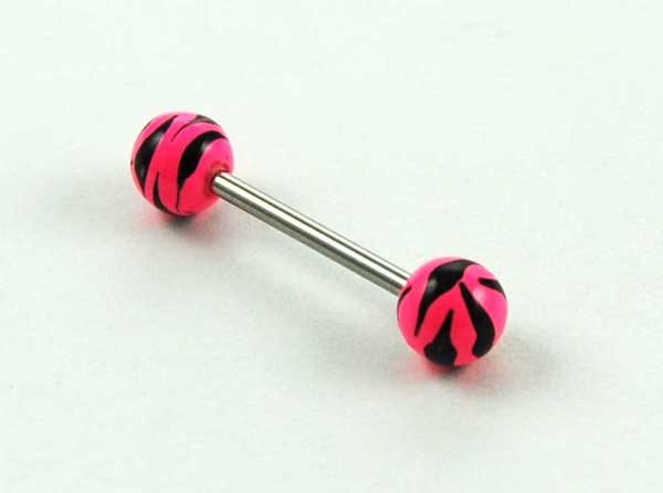Body Piercing Tongue Bar Tiger Print Dark Pink Hand Painted Ball
