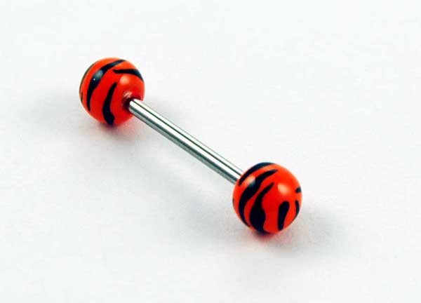 Body Piercing Tongue Bar Tiger Print Orange Hand Painted Ball 1.