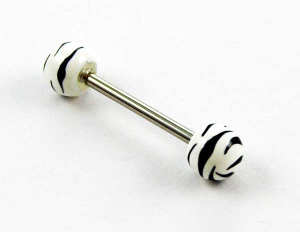 Body Piercing Tongue Bar Tiger Print White Hand Painted Ball 1.6
