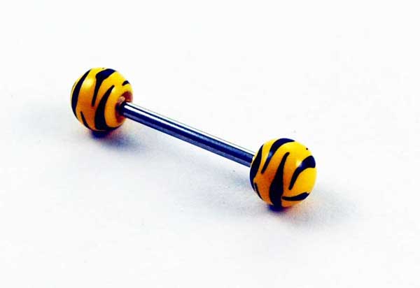 Body Piercing Tongue Bar Tiger Print Yellow Hand Painted Ball 1.