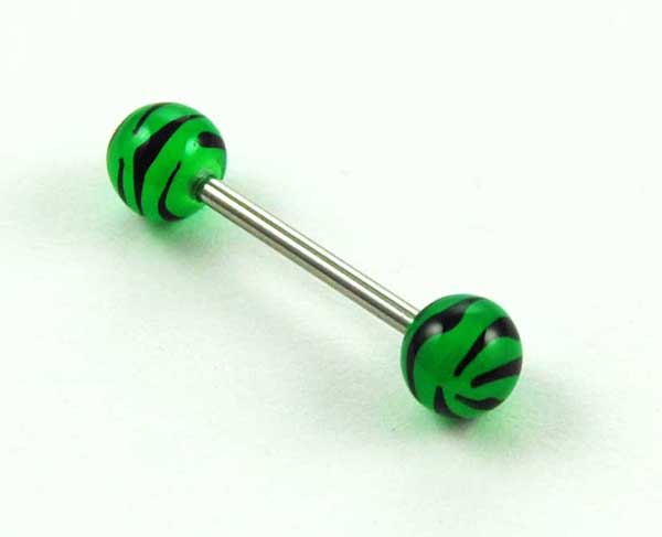 Body Piercing Tongue Bar Tiger Print Green Hand Painted Ball 1.6
