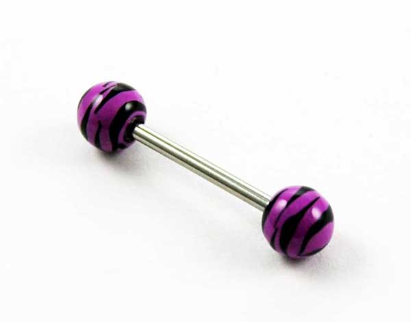 Body Piercing Tongue Bar Tiger Print Purple Hand Painted Ball 1.