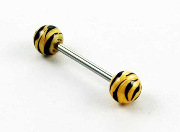 Body Piercing Tongue Bar Tiger Print Gold Hand Painted Ball 1.6x