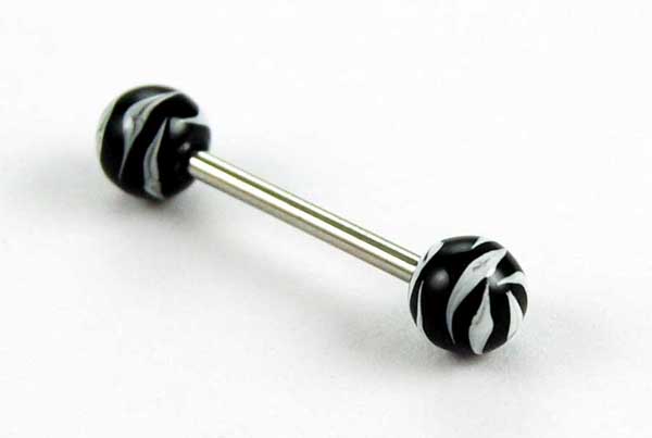 Body Piercing Tongue Bar Tiger Print Black Hand Painted Ball 1.6