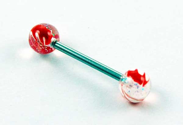 Body Piercing Tongue Bar Transparent Red Hand Painted Ball 1.6x1