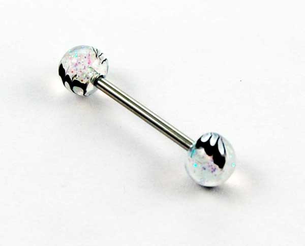 Body Piercing Tongue Bar Transparent Black Hand Painted Ball 1.6