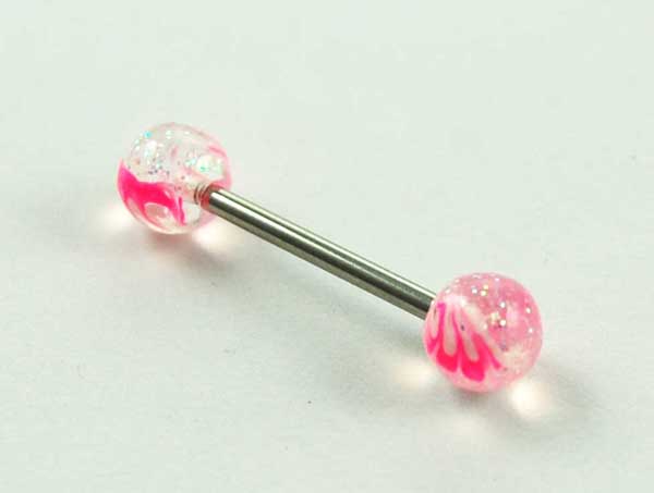 Body Piercing Tongue Bar Transparent Pink Hand Painted Ball 1.6x