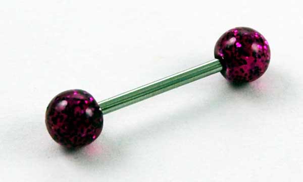Body Piercing Tongue Bar Glitter Fuschia Hand Painted Ball 1.6x1