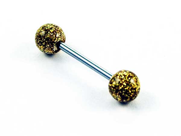 Body Piercing Tongue Bar Glitter Gold Hand Painted Ball 1.6x16x6