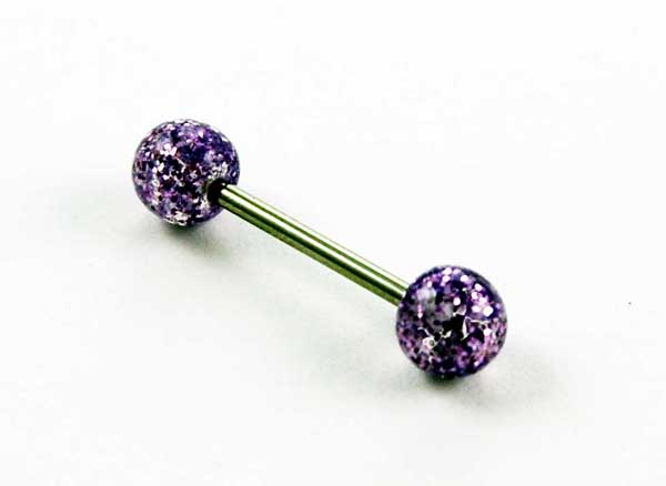 Body Piercing Tongue Bar Glitter Purple Hand Painted Ball 1.6x16