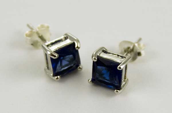 Earring Silver Stud Square Cz Stone Blue