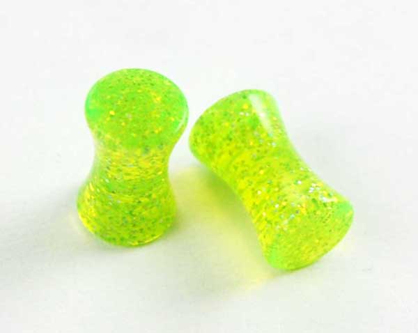 Body Piercing Plug UV Green Glitter 6mm 2pcs