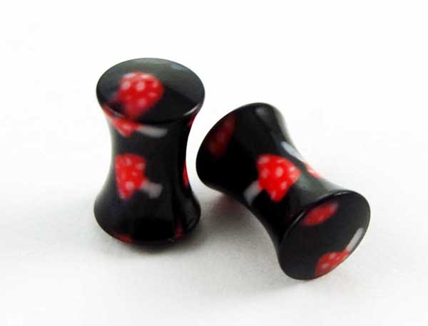 Body Piercing Plug UV Black With Red Mushrooms 5mm 2pcs