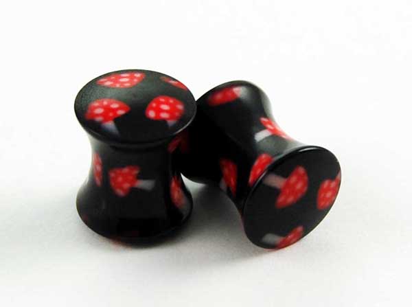 Body Piercing Plug UV Black With Red Mushrooms 8mm 2pcs