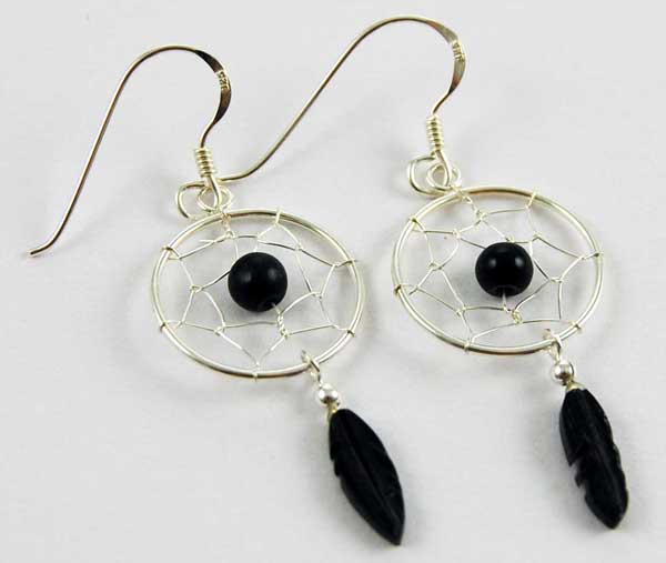 Earring Silver Dream Catcher Black With 2 Solid Feathers 16mm