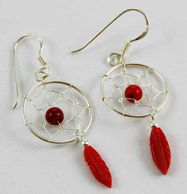 Earring Silver Dream Catcher Red With 2 Solid Feathers 16mm