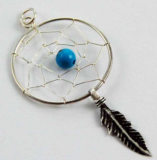 Pendant Silver Dream Catcher Turquoise With 1 Feather 20mm