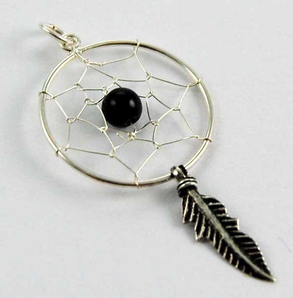 Pendant Silver Dream Catcher Black With 1 Feather 20mm