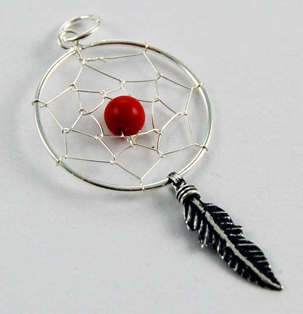 Pendant Silver Dream Catcher Red With 1 Feather 20mm