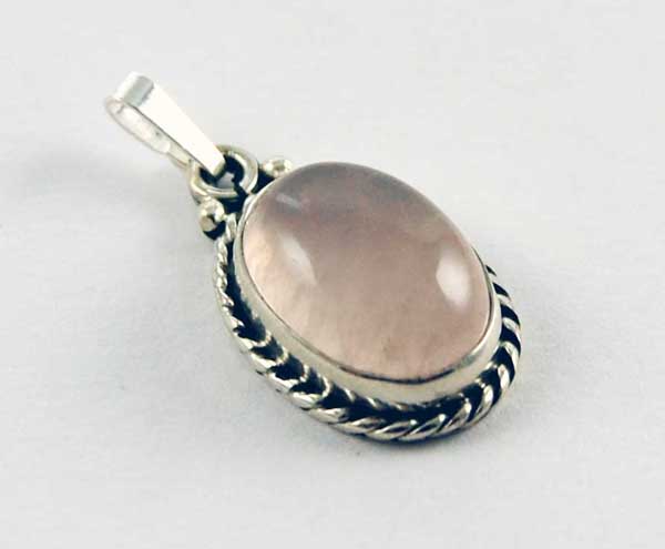 Pendant Silver Stone Rose Quartz With Fancy Oval Rim