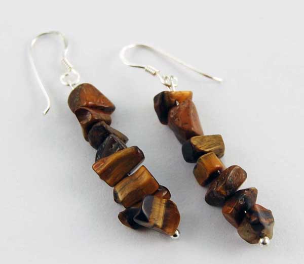 Earring Silver Chip Stones Tigers Eye L5.5cm