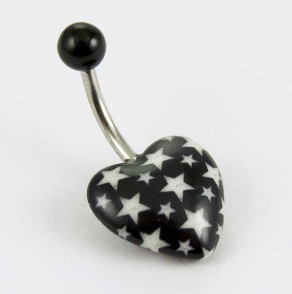Body Piercing Banana Bar UV Heart Black With White Stars 1.6X10m