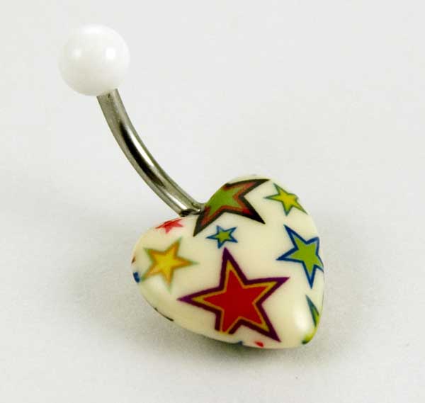 Body Piercing Banana Bar UV Heart White With Multi Colour Stars
