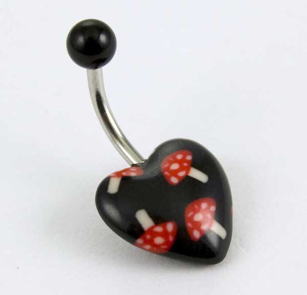 Body Piercing Banana Bar UV Heart Black With Red Mushrooms 1.6X1