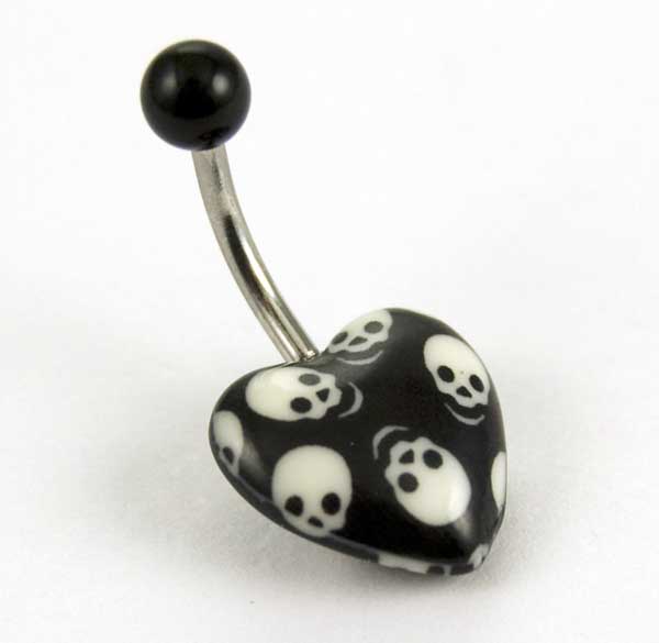 Body Piercing Banana Bar UV Heart Black With White Skulls 1.6X10