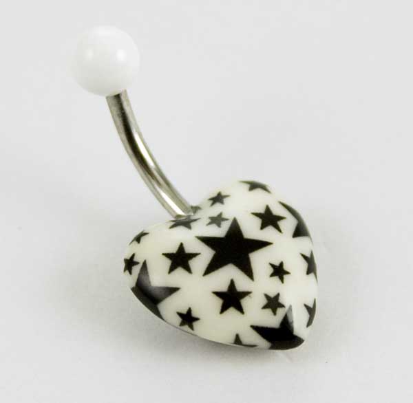 Body Piercing Banana Bar UV Heart White With Black Stars 1.6X10m