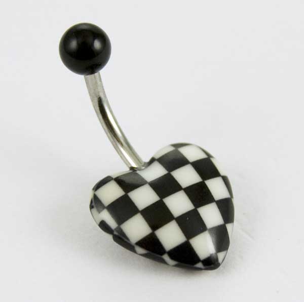 Body Piercing Banana Bar UV Heart Black And White Check 1.6X10mm