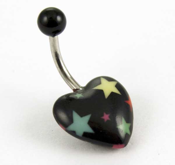 Body Piercing Banana Bar UV Heart Black With Mulit Coloured Star