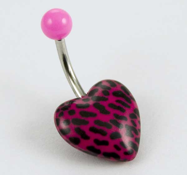 Body Piercing Banana Bar UV Heart Pink With Black Print 1.6X10mm