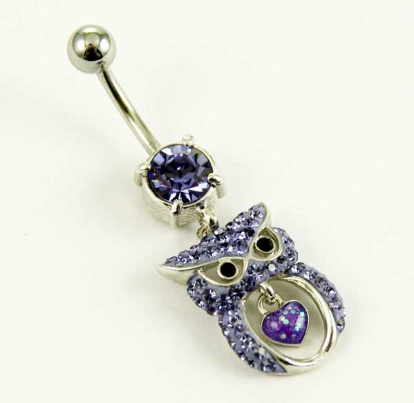 Body Piercing Banana Bar Owl Dangling With Purple Stones