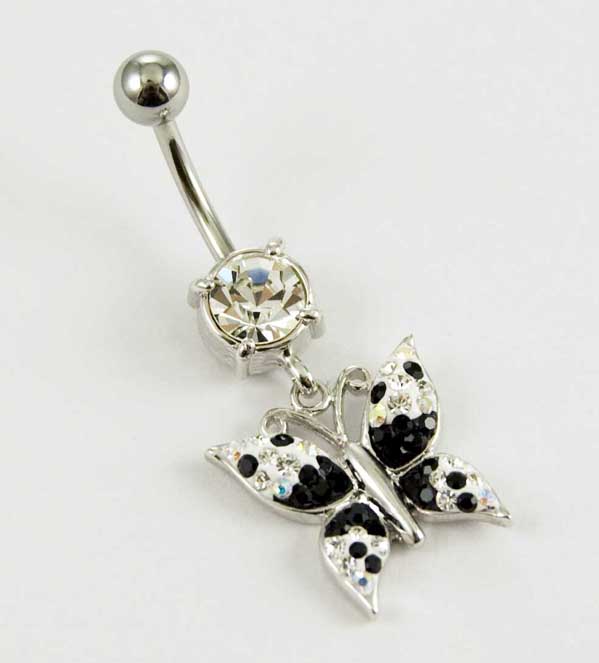 Body Piercing Banana Bar Butterfly Dangling With Clear And Black