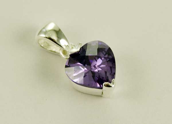 Pendant Silver Heart Purple Cubic Stone 10mm