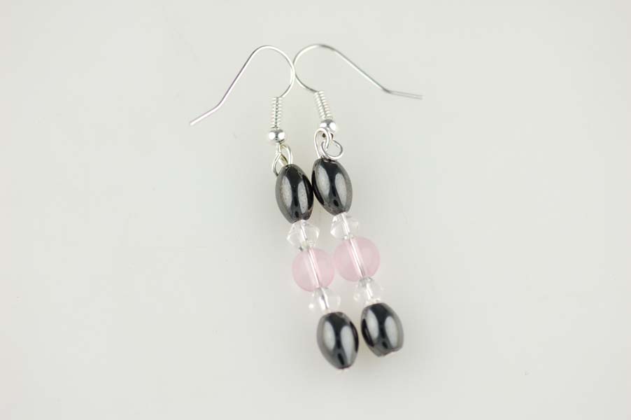 Earring Hematite Pink Glass