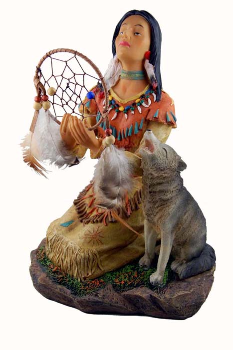 Indian Lady With Wolf Holding Dreamcatcher 10 Inch