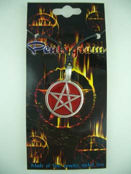 Pendant Pewter Pentagram In Circle With Red Background