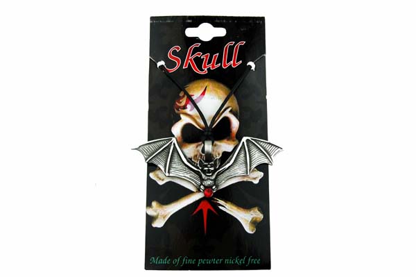 Pendant Pewter Bat With Red Stone 8cm Width